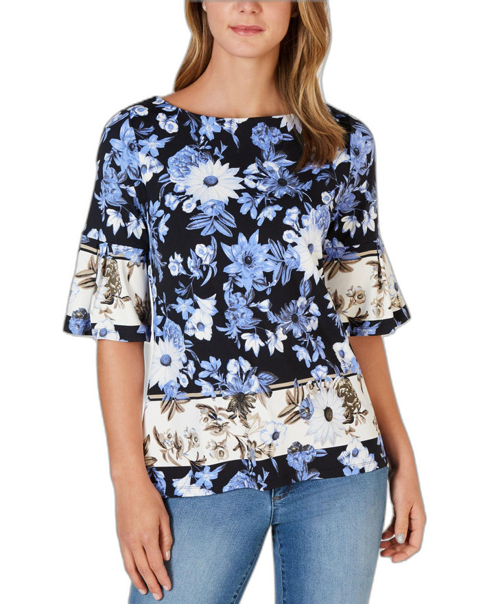 Charter Club Floral-Print Ruffled-Sleeve Top (Blue Star Combo, S)