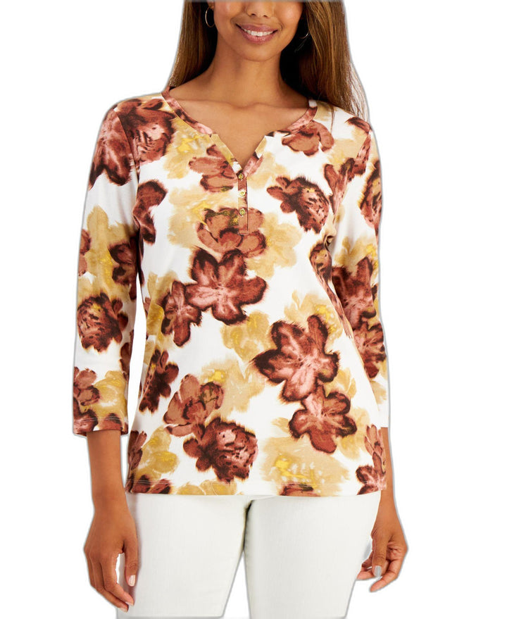 Leaf-Print Henley Top Autumn L