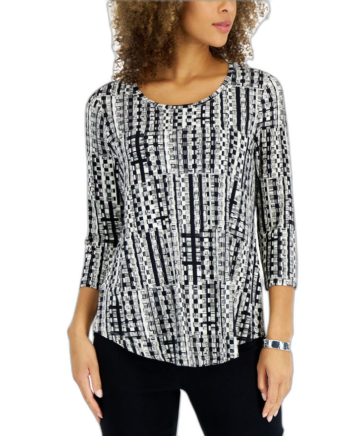 Petite Basket Texture Three-Quarter Length Sleeve Top  Deep Black Combo PL
