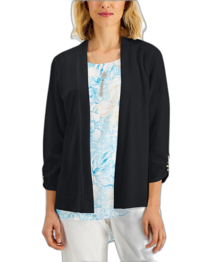 Women's Solid Beaded Cuff Cardigan Deep Black M