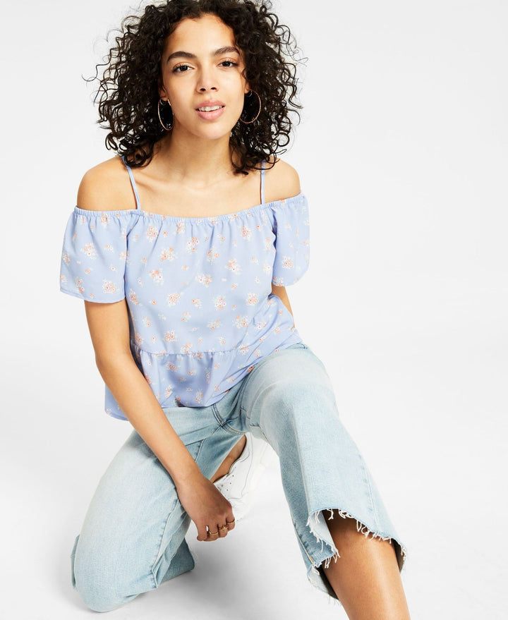 Juniors' Elasticized Short-Sleeve Cold-Shoulder Top