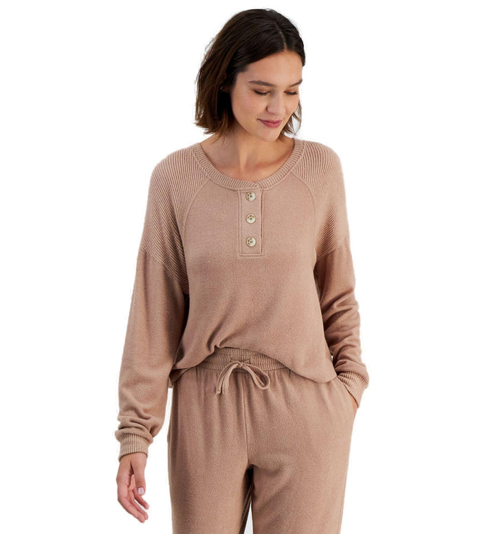 Juniors' Cozy Ribbed Trim Henley Top