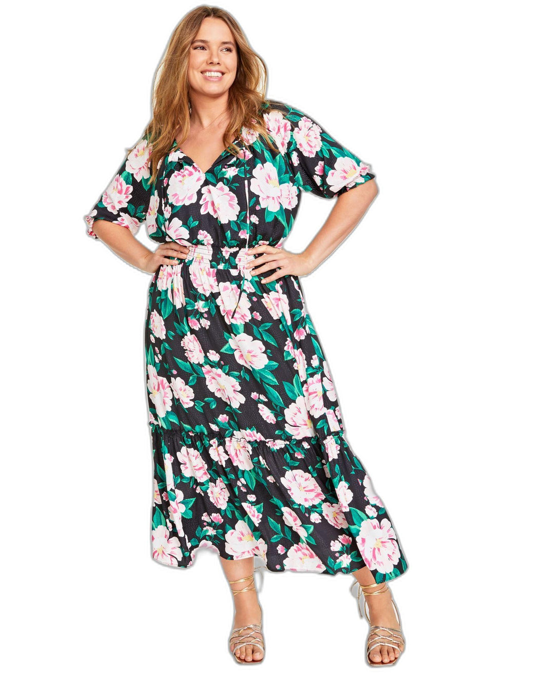 Plus Size Elbow-Sleeve Tiered Maxi Dress