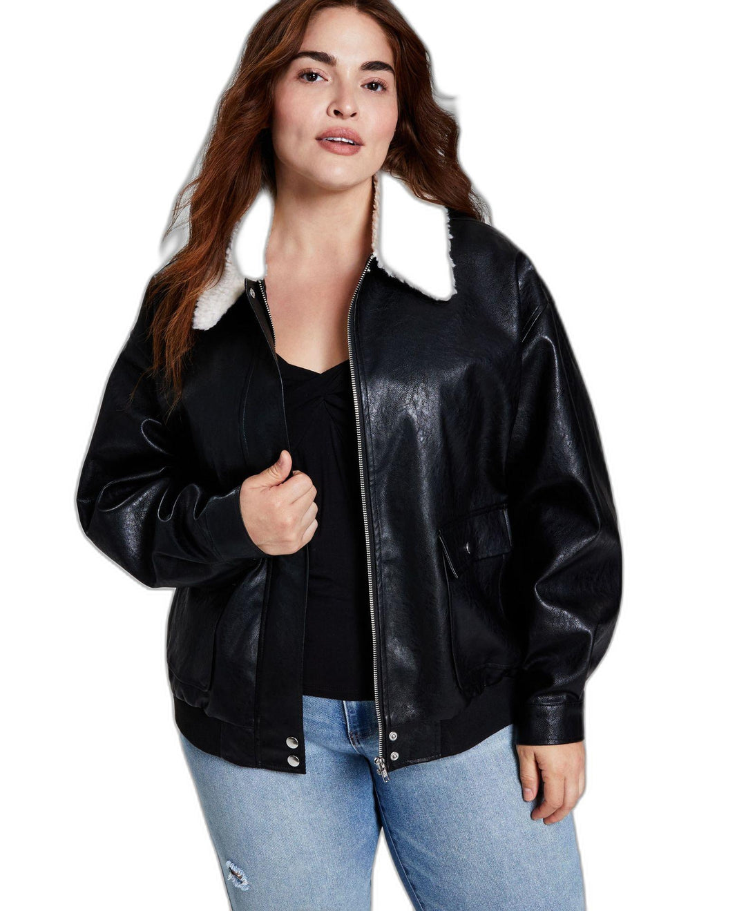 Women's Trendy Plus Size Faux-Leather Fleece-Trim Jacket