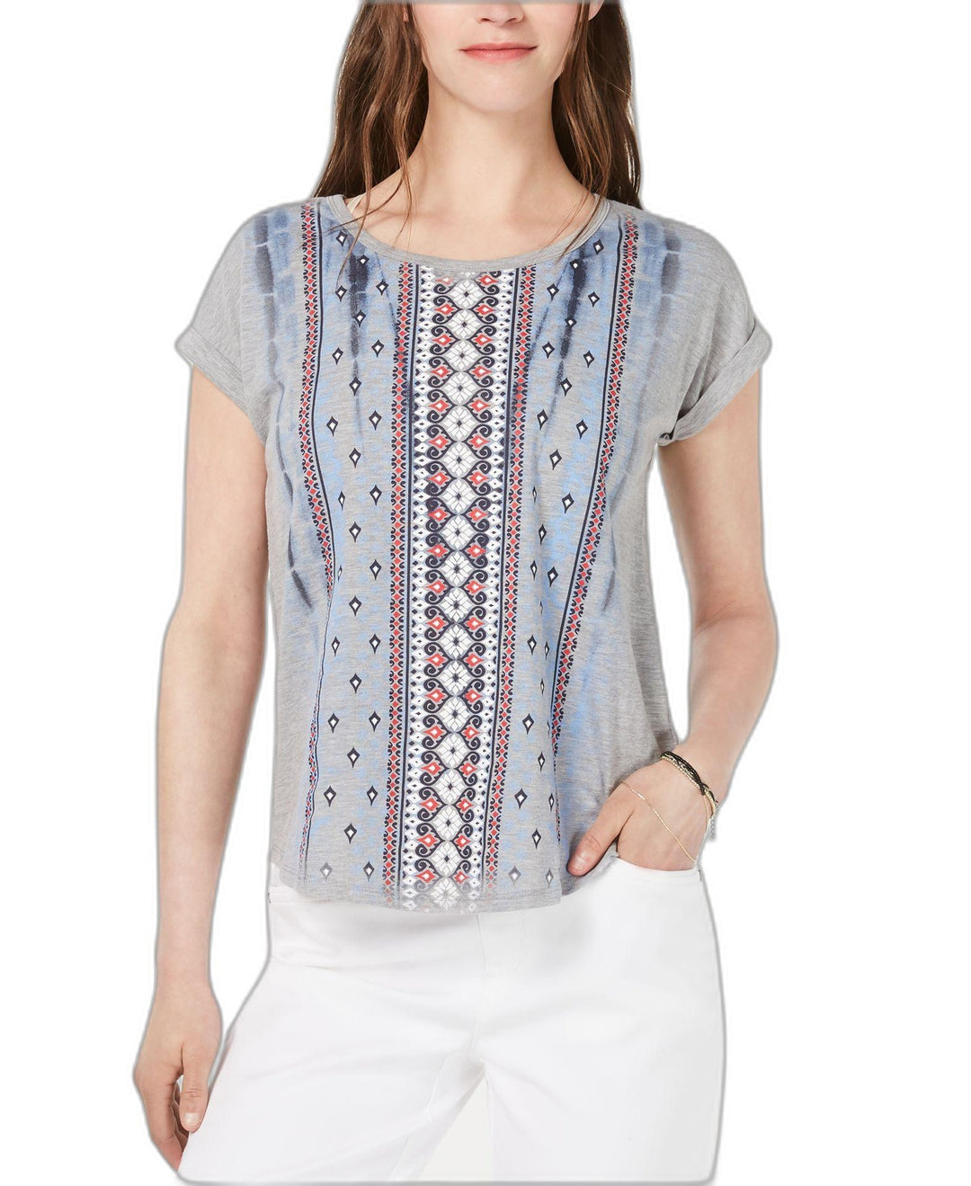 Style & Co Petite Printed Scoop Neck Top
