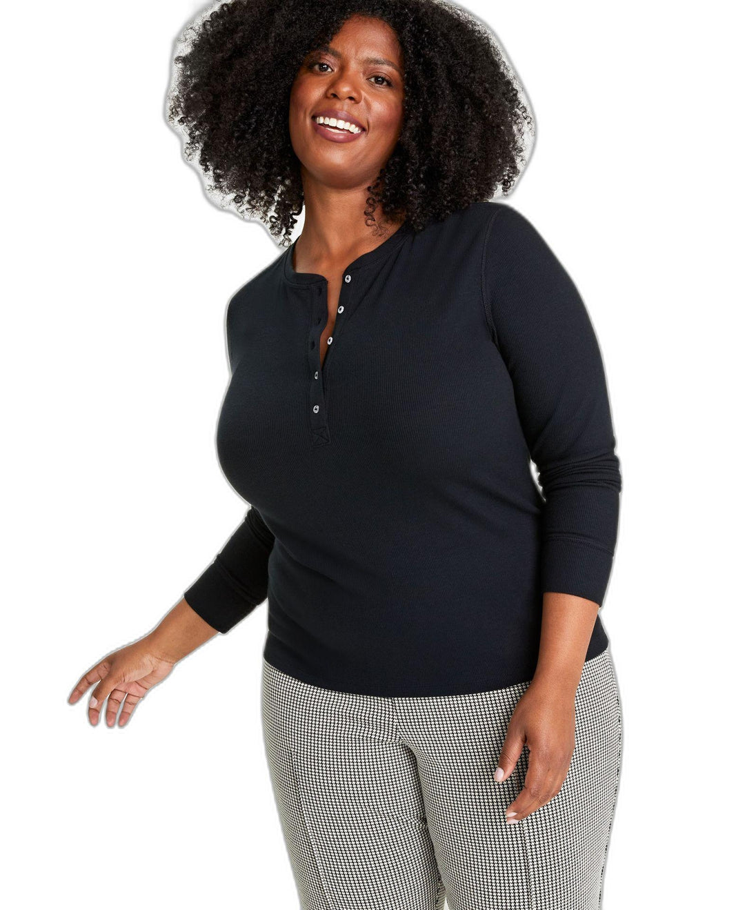 Plus Size Ribbed Long-Sleeve Henley Top