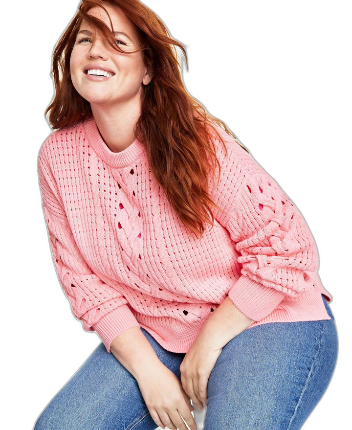 Plus Size Crewneck Spring Cotton-Blend Cable-Knit Sweater