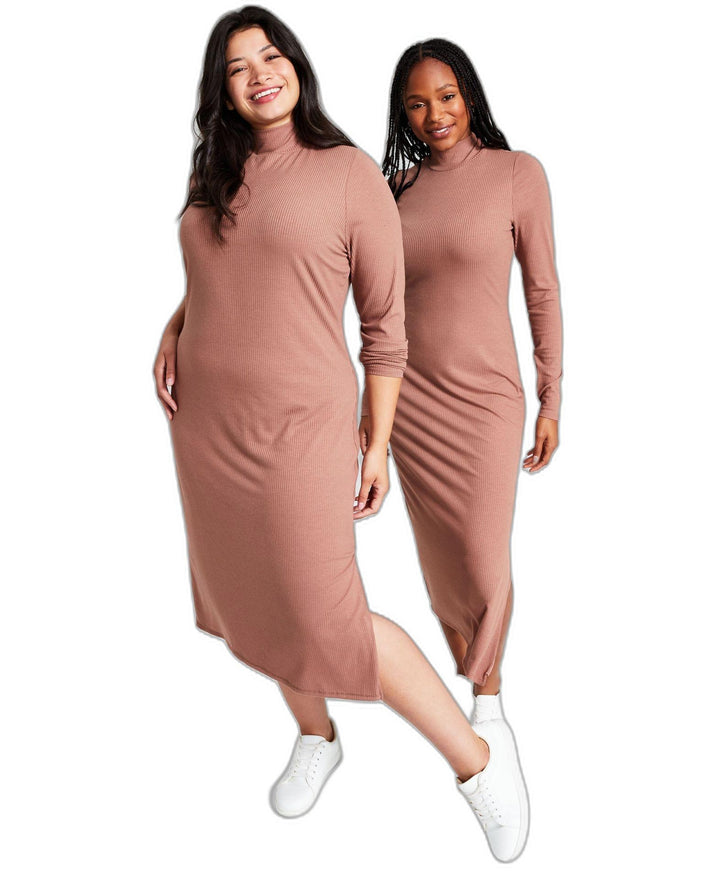 Plus Size Ribbed High-Neck Midi Bodycon Dress