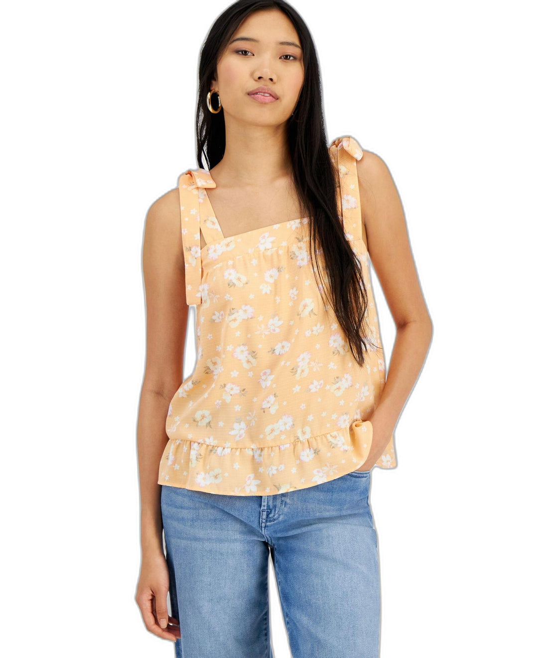 Juniors' Square-Neck Tie-Strap Smocked Top