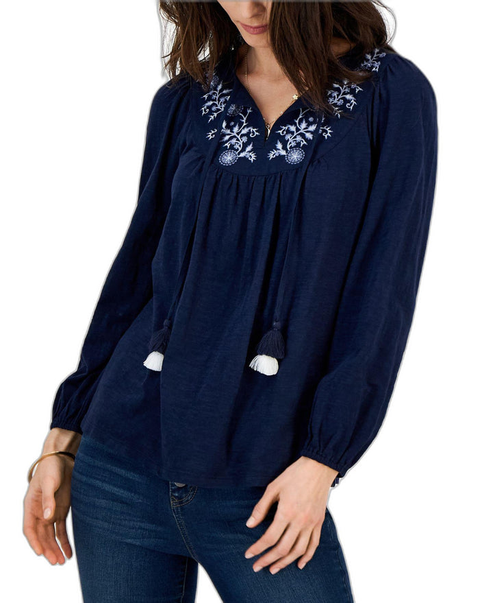 Women's Cotton Embroidered Peasant Top Blue Embroidery L