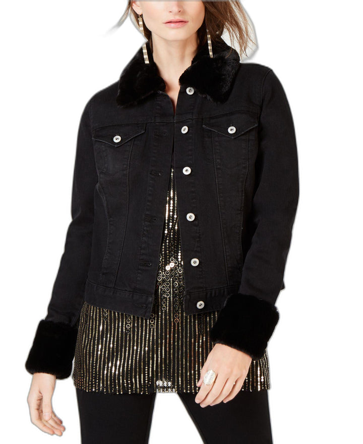 INC Leopard-Print Faux-Fur Trim Denim Jacket