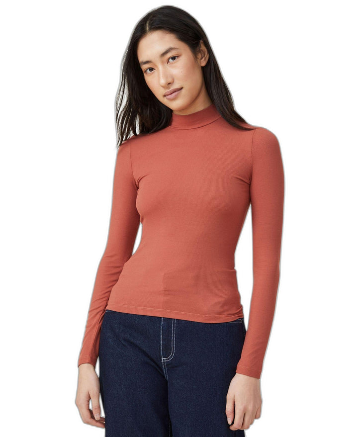 Women's Staple Rib Mock Neck Long Sleeve Top