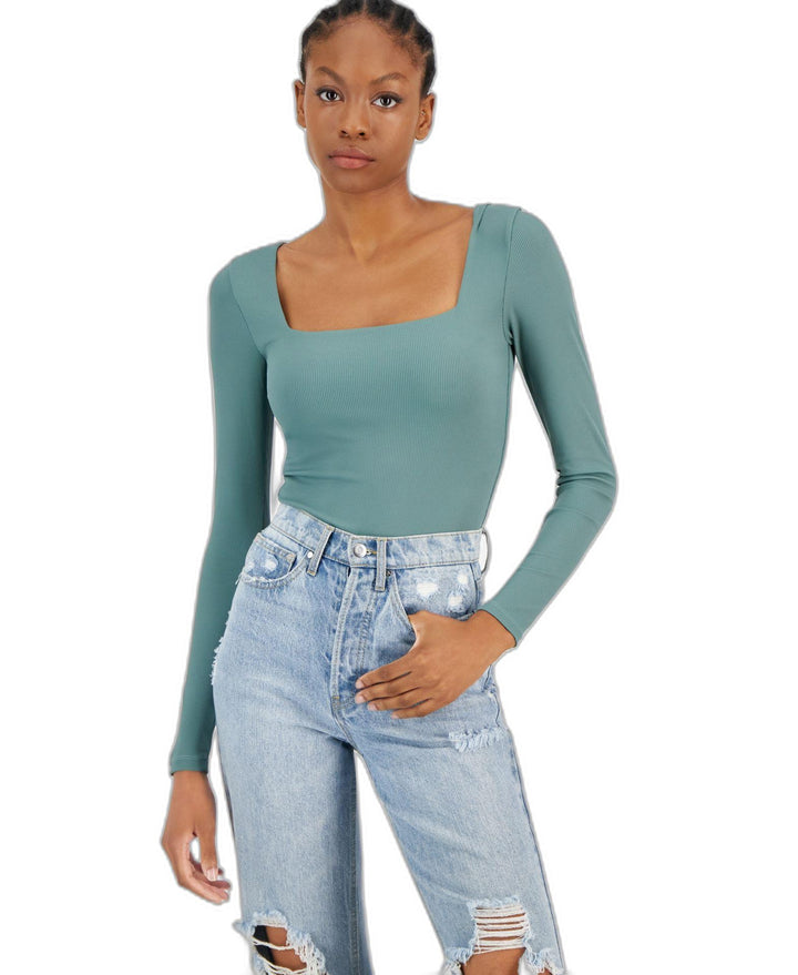 Women's Square Neck Double Layered Ribbed Bodysuit Meadowland M