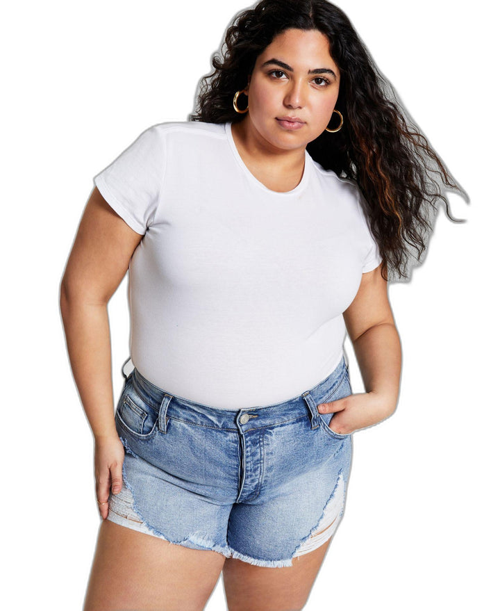 Now This Trendy Plus Size Distressed High Rise Denim Shorts