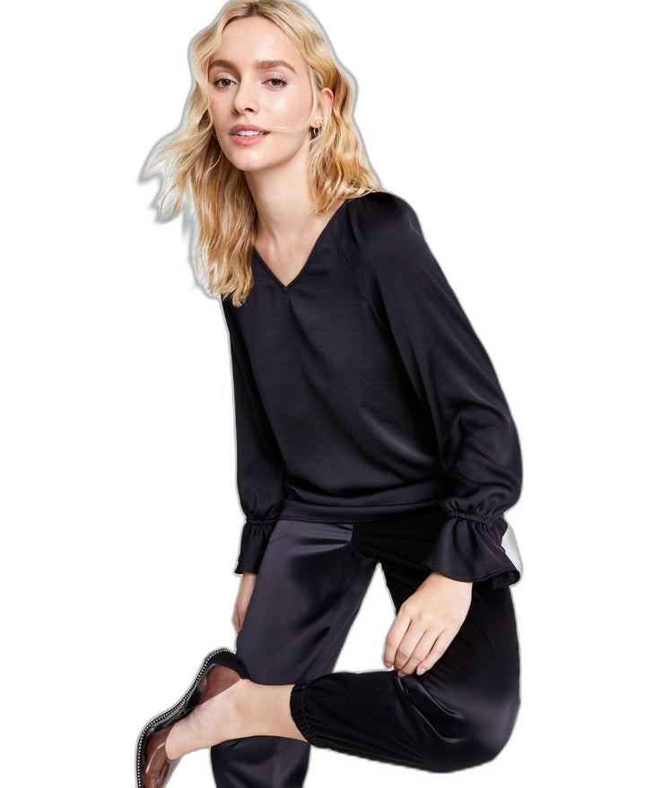 Bar III Womens Black Ruffled Long Sleeve V Neck Party Top