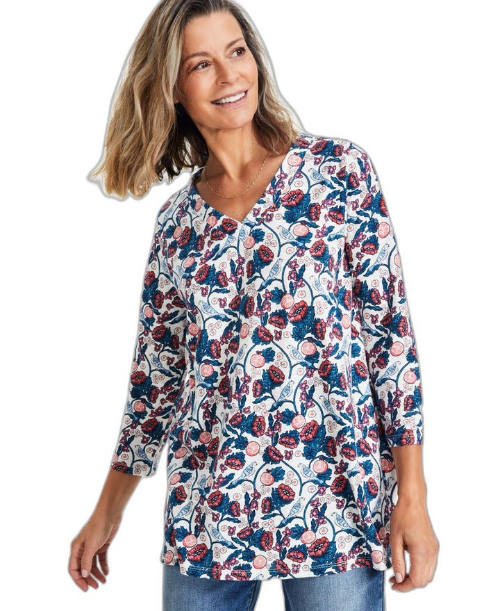 Women's Cotton V-Neck 3/4-Sleeve Top Meadow Shitake XS