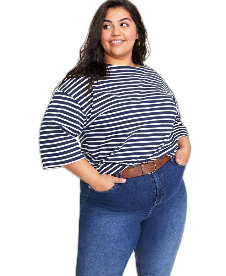Plus Size Heavyweight Cotton Striped Boat-Neck Top