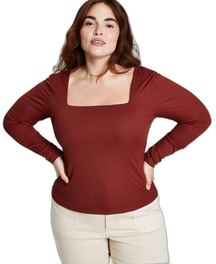 Trendy Plus Size Square-Neck Long-Sleeve Top