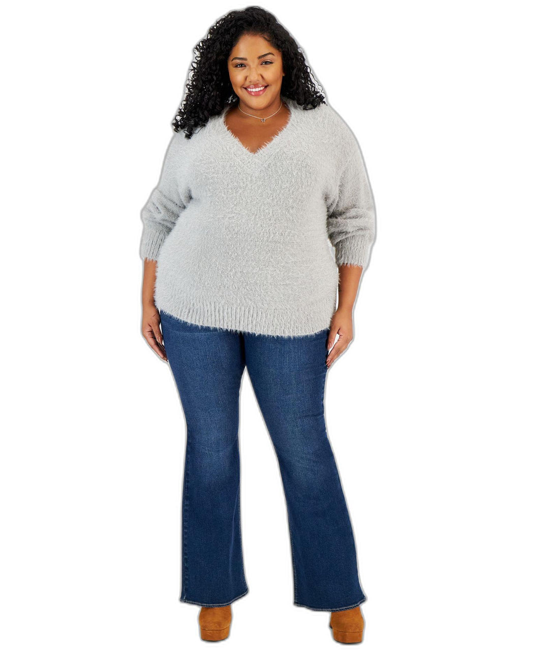 Trendy Plus Size V-Neck Eyelash Sweater