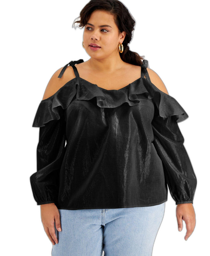 Inc International Concepts Plus Size Ruffled Cold-Shoulder Blouse