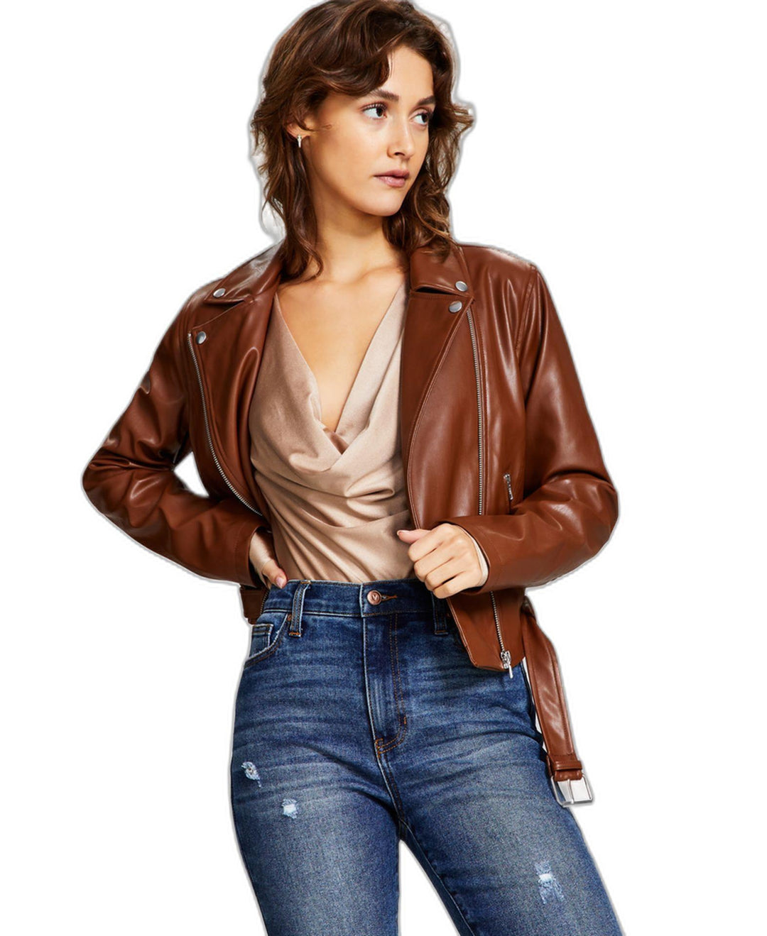 Women's Belted Faux-Leather Moto Jacket