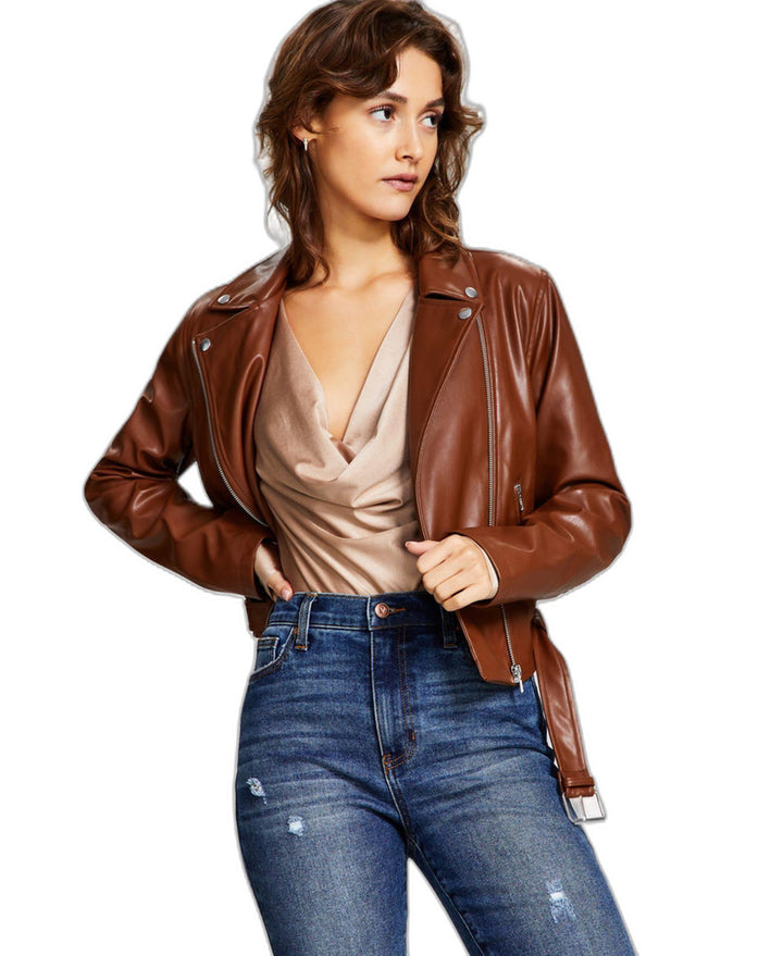 Women's Belted Faux-Leather Moto Jacket