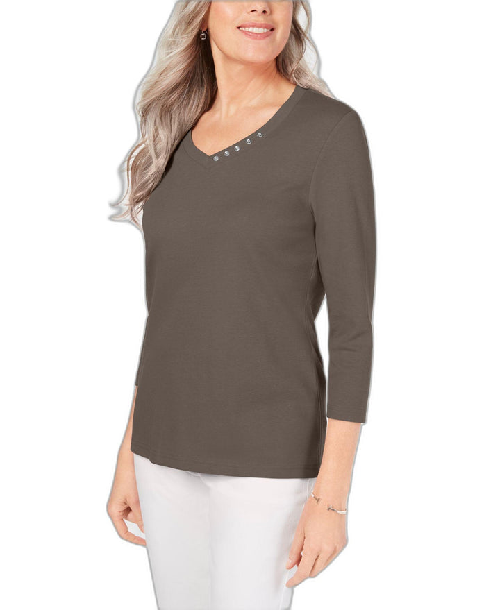 Karen Scott Cotton V-Neck Button-Trim Top