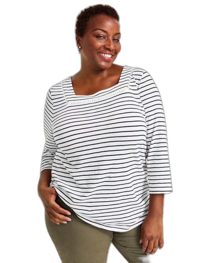Plus Size Cotton Striped Square-Neck Top