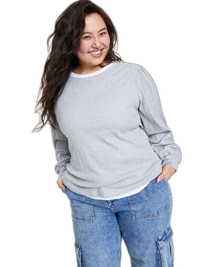 Plus Size Pointelle-Rib Long-Sleeve Top