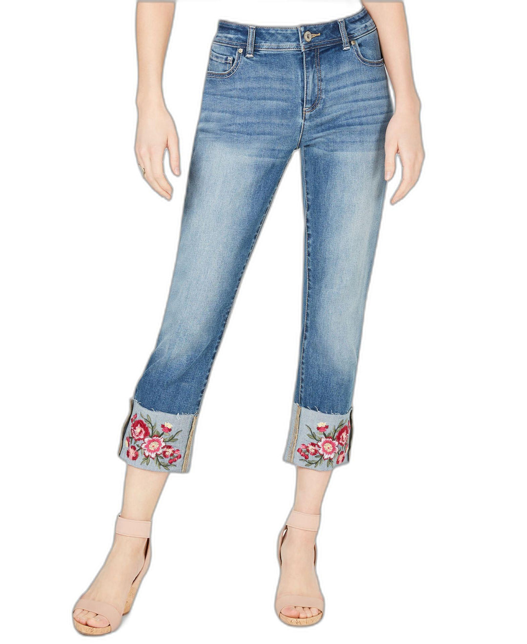 INC Embroidered-Flower Cropped Straight-Leg Jeans
