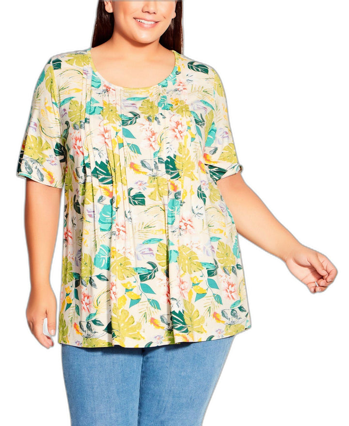 Plus Size Knit Pleated Print Top