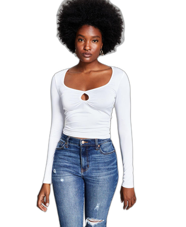 Women's Square-Neck Long-Sleeve Keyhole Top