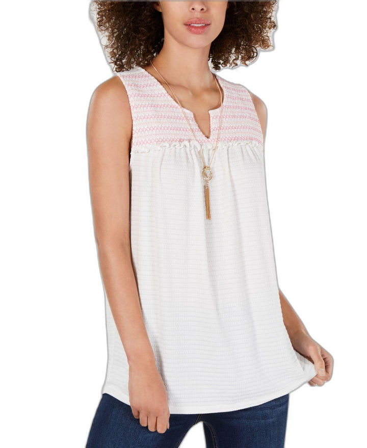 Style & Co Embroidered Yoke Ruffle Trim Top