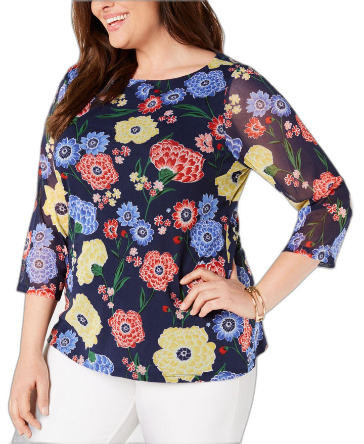Charter Club Plus Size Printed Mesh 3/4 Sleeve Top