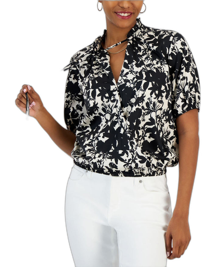 Women's Printed Tie-Neck Short-Sleeve Blouse Audrina Garden L