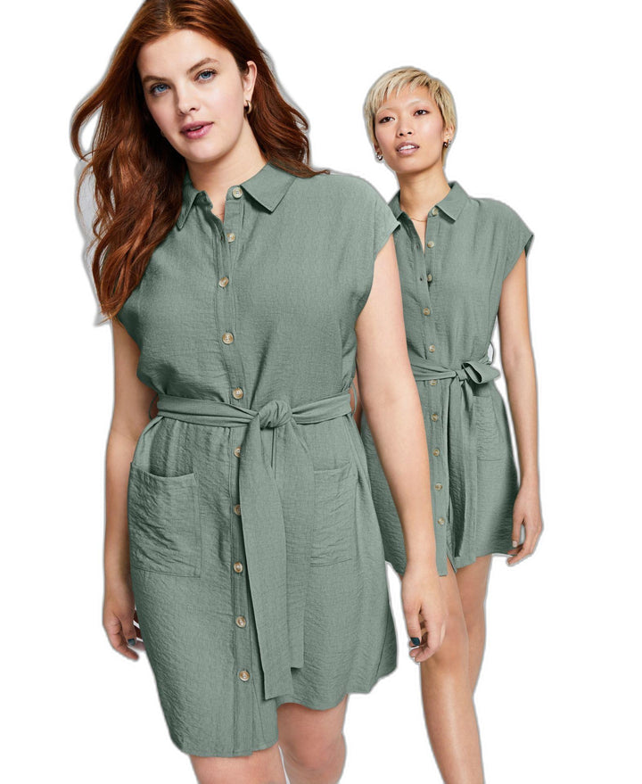 Women's Short-Sleeve Belted Shirtdress Oregano XL