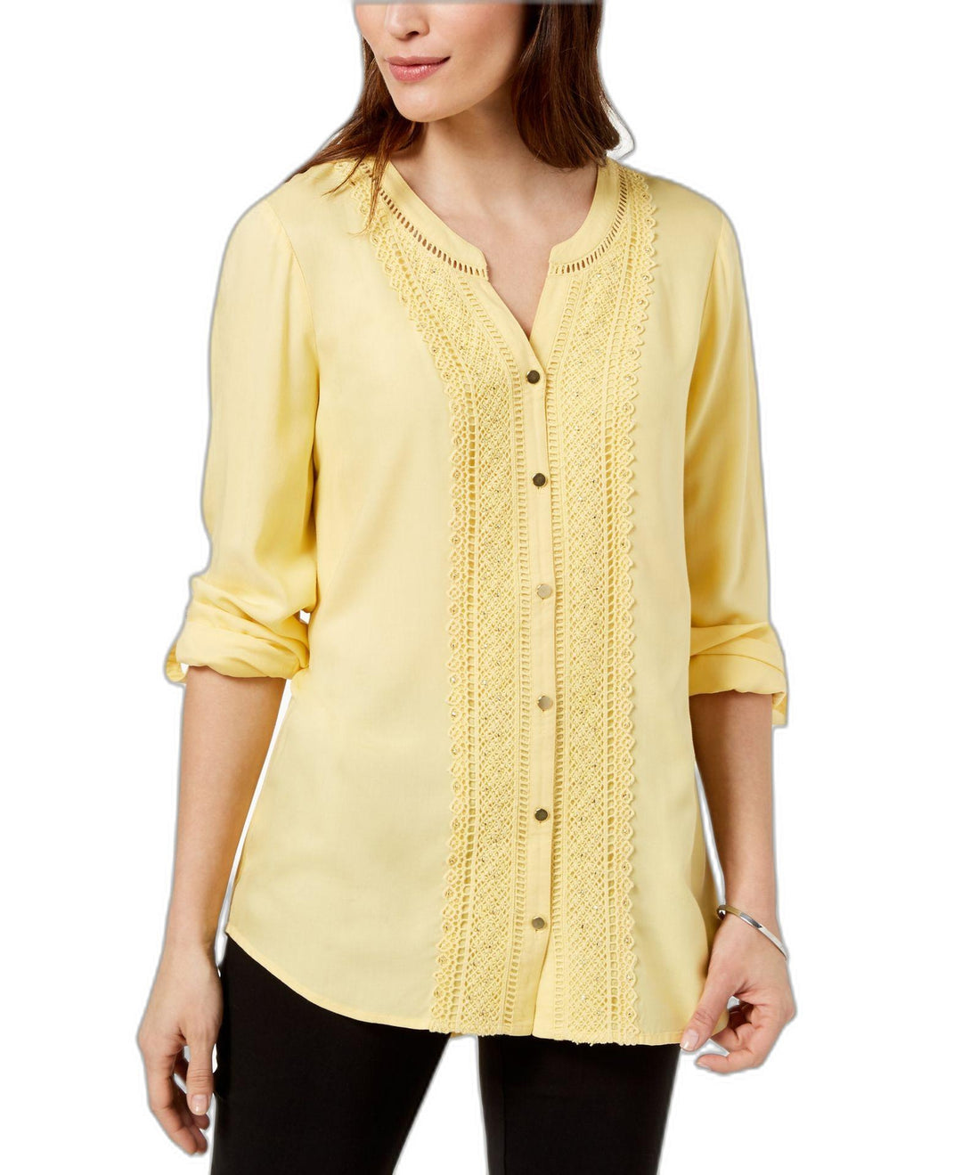JM Collection Petite Embellished Crochet Front Shirt