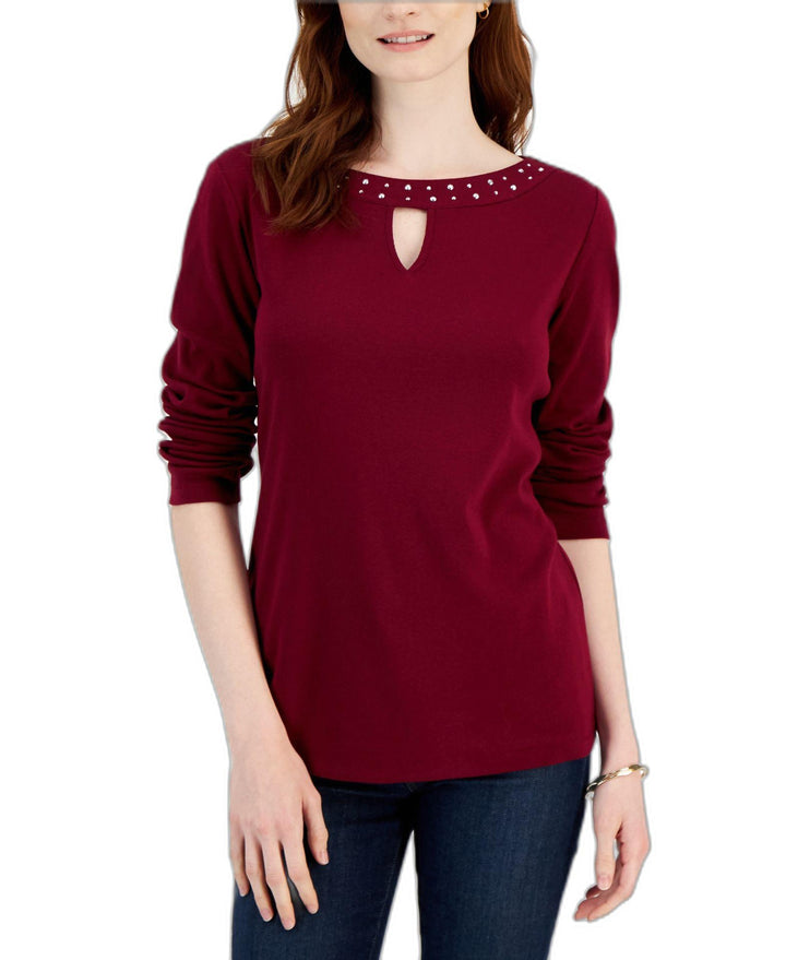 Karen Scott Cotton Hotfix Embellished Keyhole Top