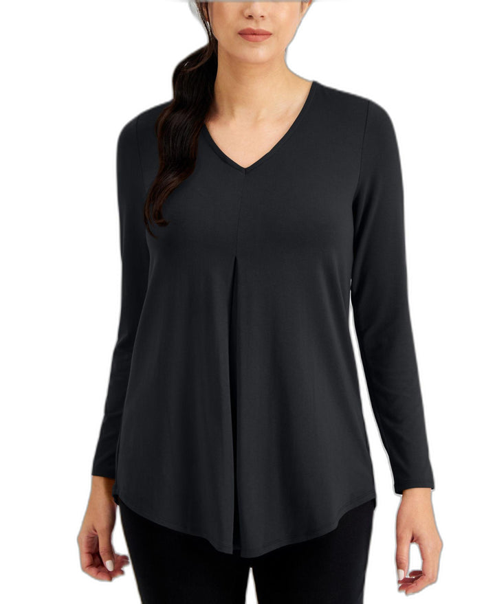 JM Collection Petite V Neck Pleat Front Tunic