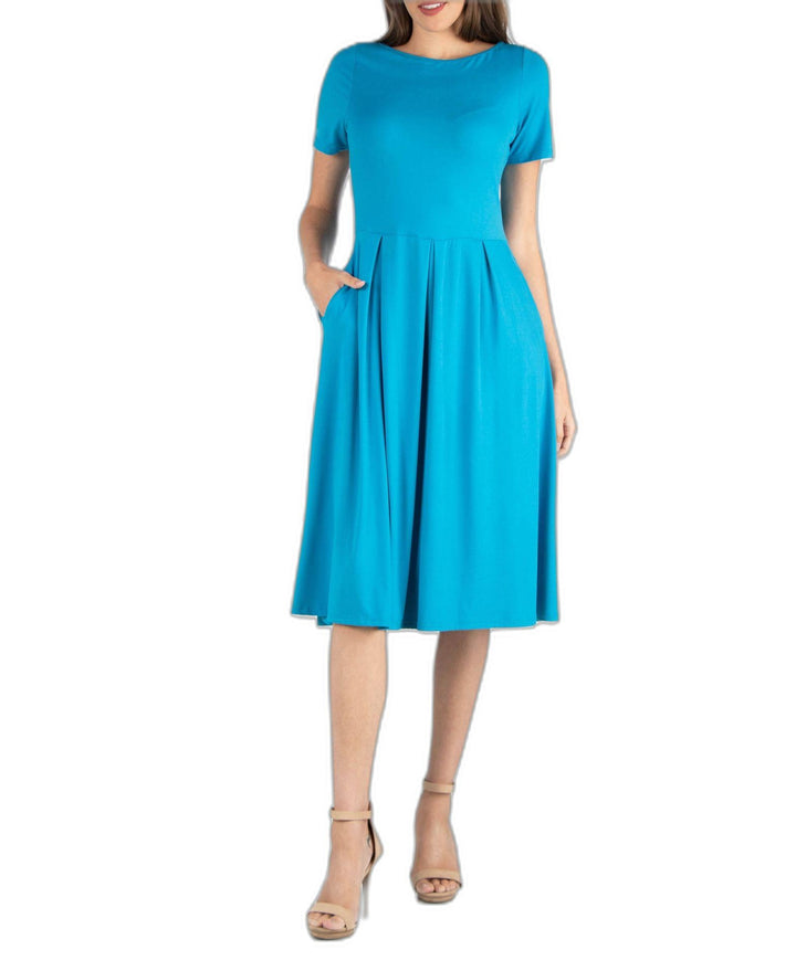 24seven Comfort Apparel Midi Dress With Short Sleeves Pocket Detail
