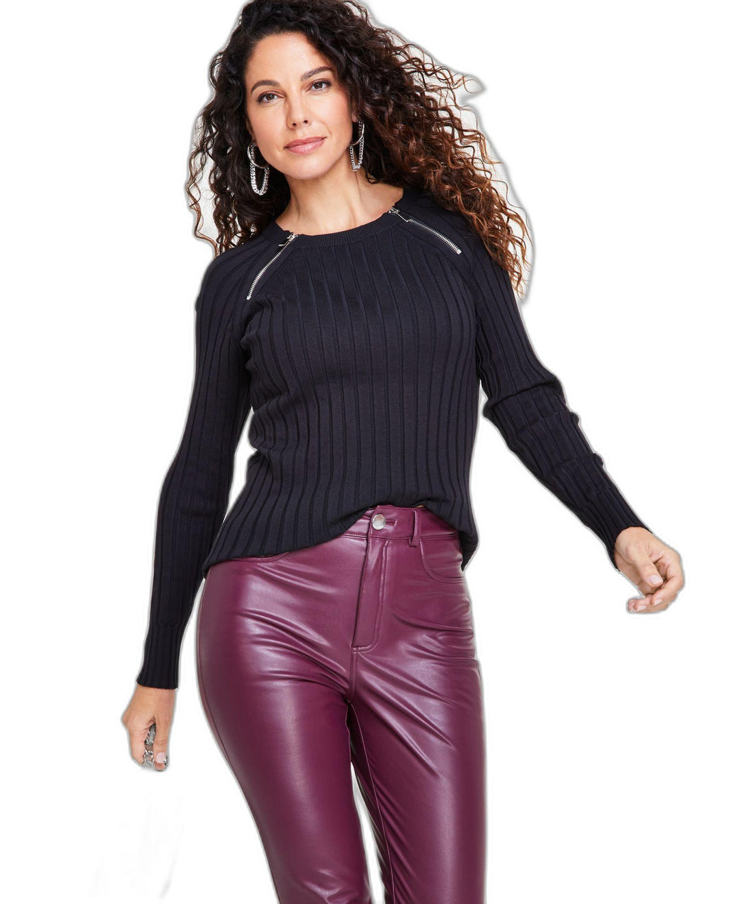 Women's Zipper Detail Ribbed Long Sleeve Sweater