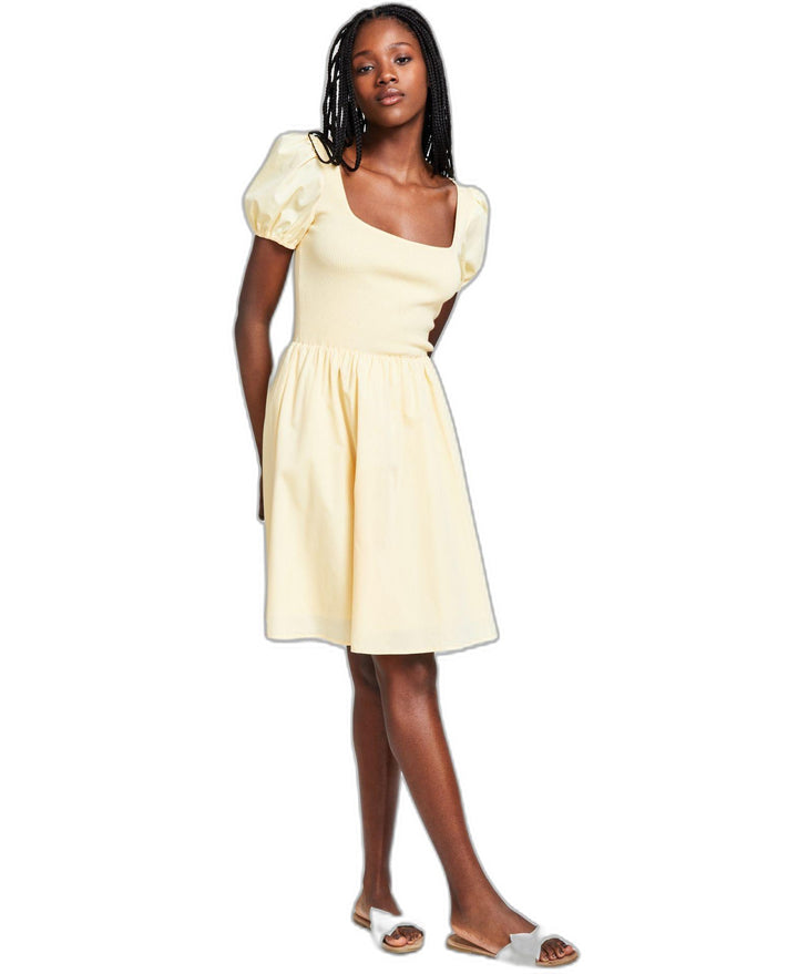 Women's Puff-Sleeve Mixed Media Dress Sunlit Yellow S