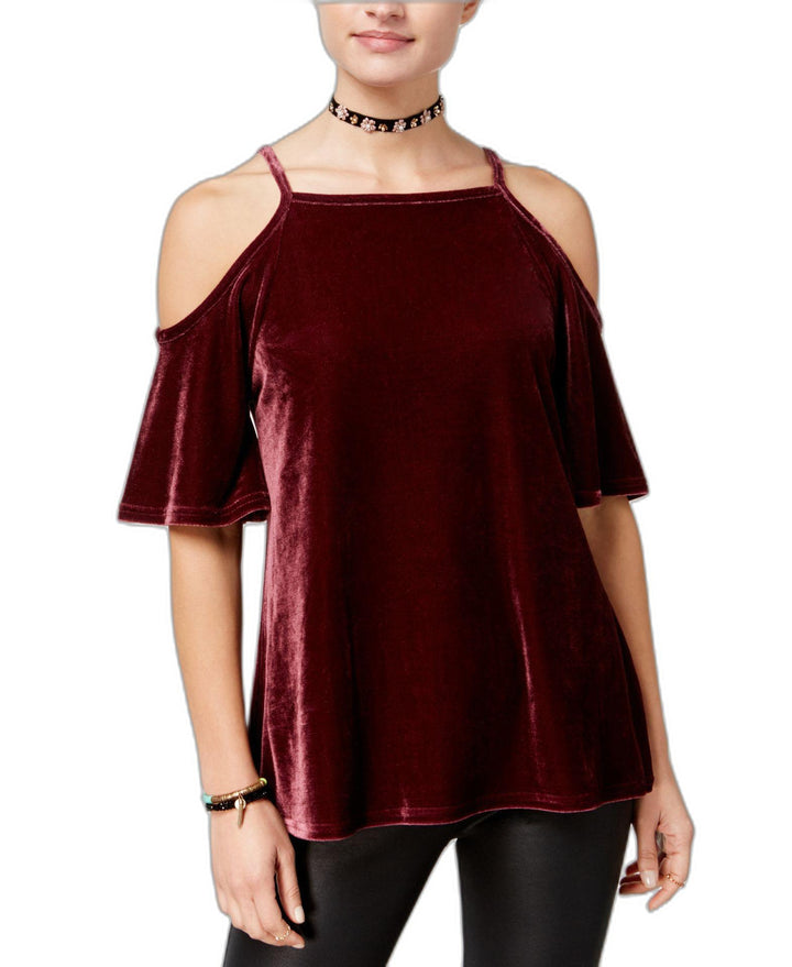 Juniors' Velvet Cold-Shoulder Top