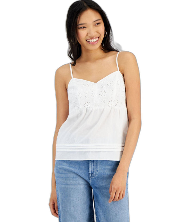 Juniors' V-Neck Eyelet Poplin Tank Top