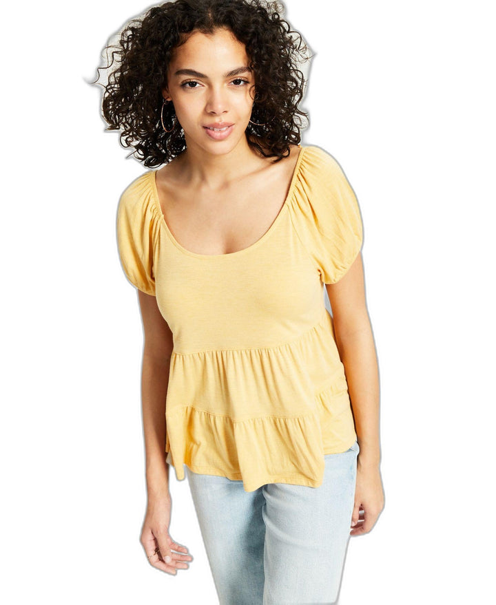 Juniors' Puffed-Sleeve Tiered Babydoll Top