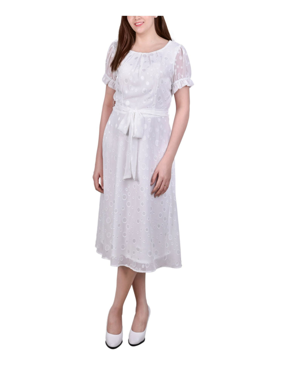 Petite Short Sleeve Belted Swiss Dot Dress