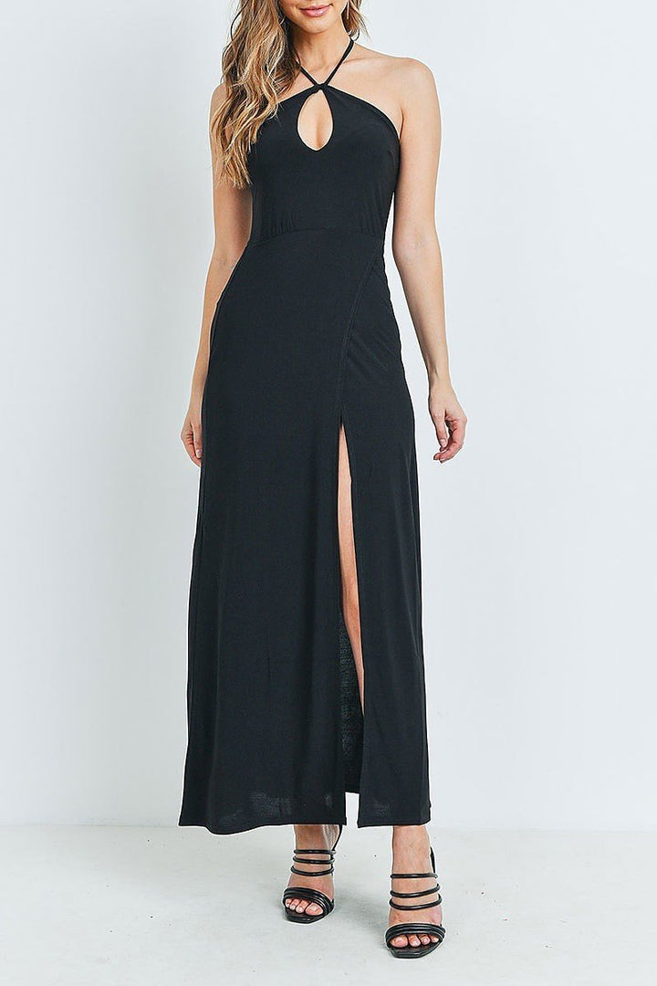 Black Front Slit Keyhole Halter Neck Maxi Dress