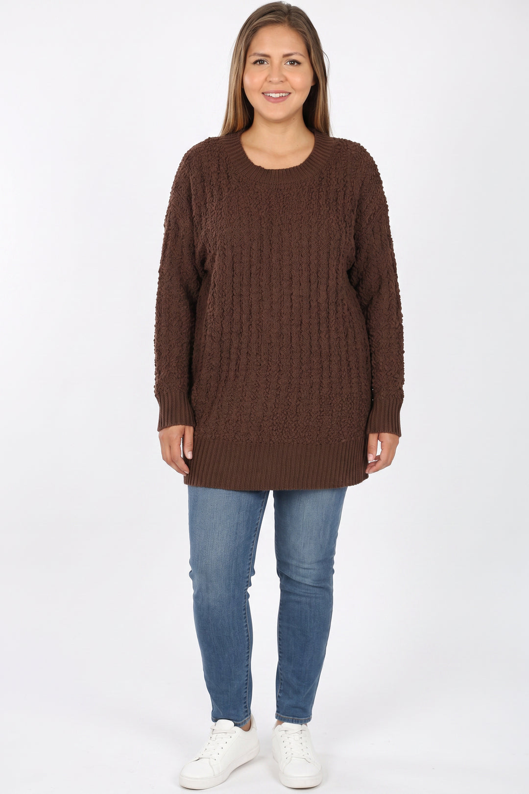 Cable Knit Popcorn Round Neck Hi-Low Plus Size Sweater