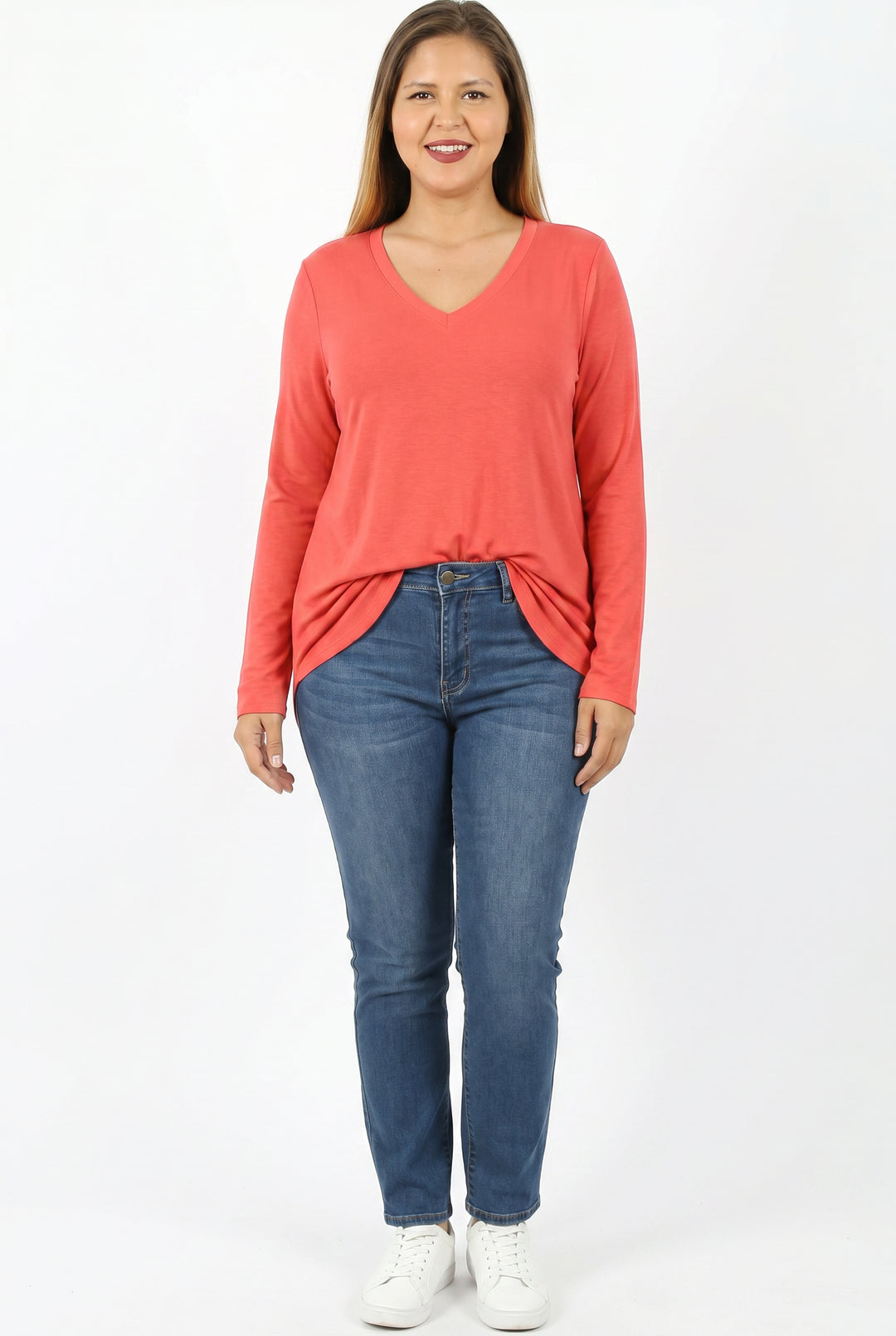 Premium V-Neck Round Hem Long Sleeve Plus Size Top