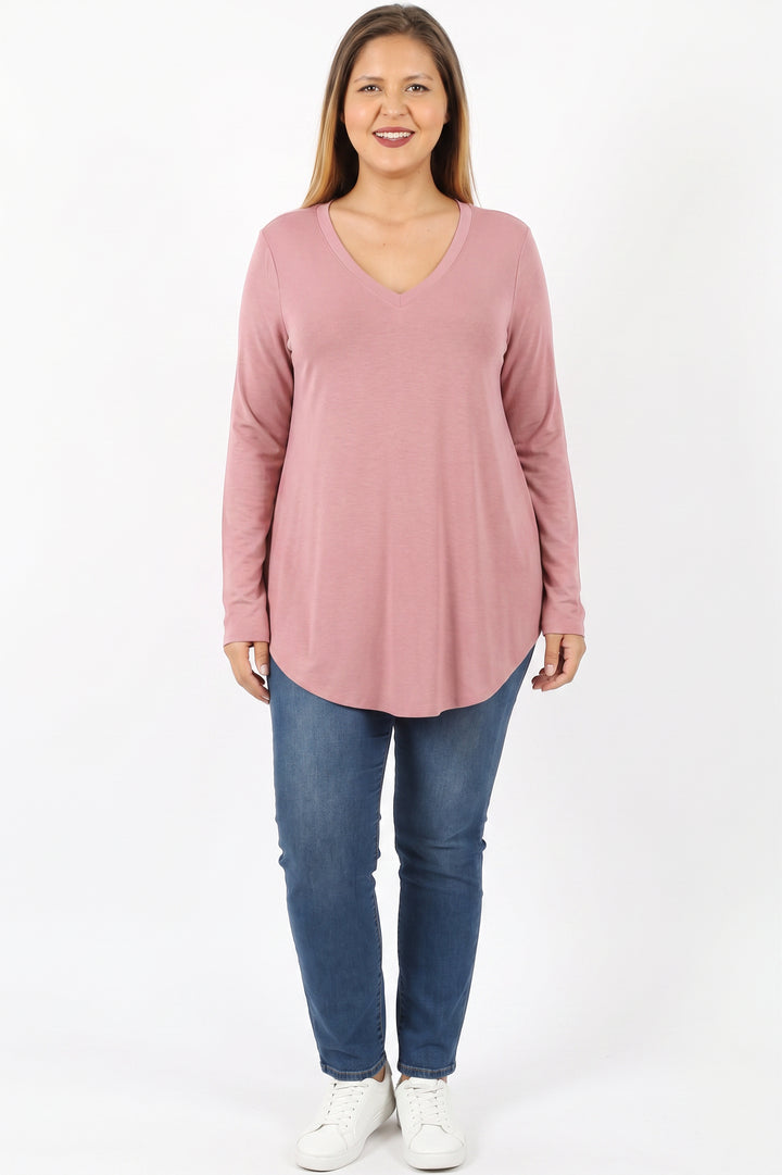 Premium V-Neck Round Hem Long Sleeve Plus Size Top